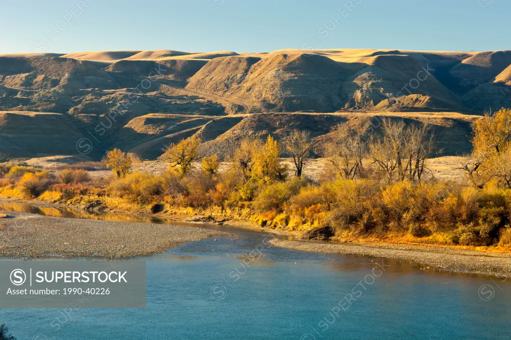 The Red Deer River running through The Badlands, East Coulee, Alberta, Canada.