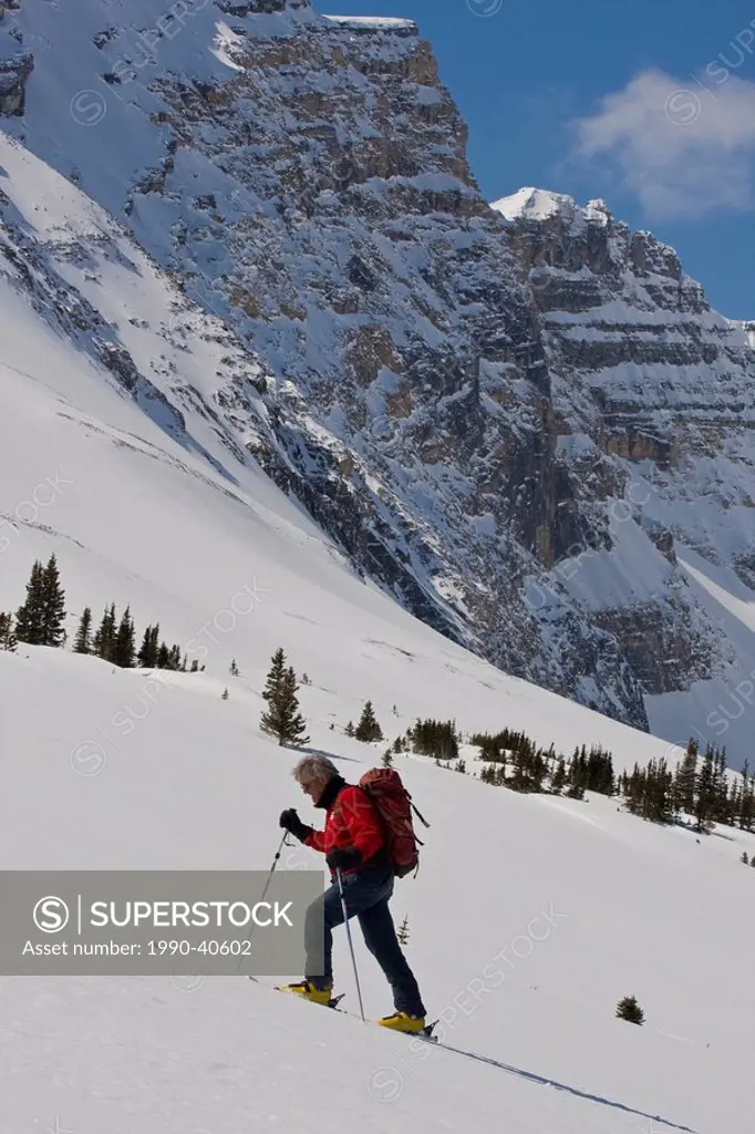 Man backcountry skiing, Parker Ridge, Banff National Park, Alberta, Canada