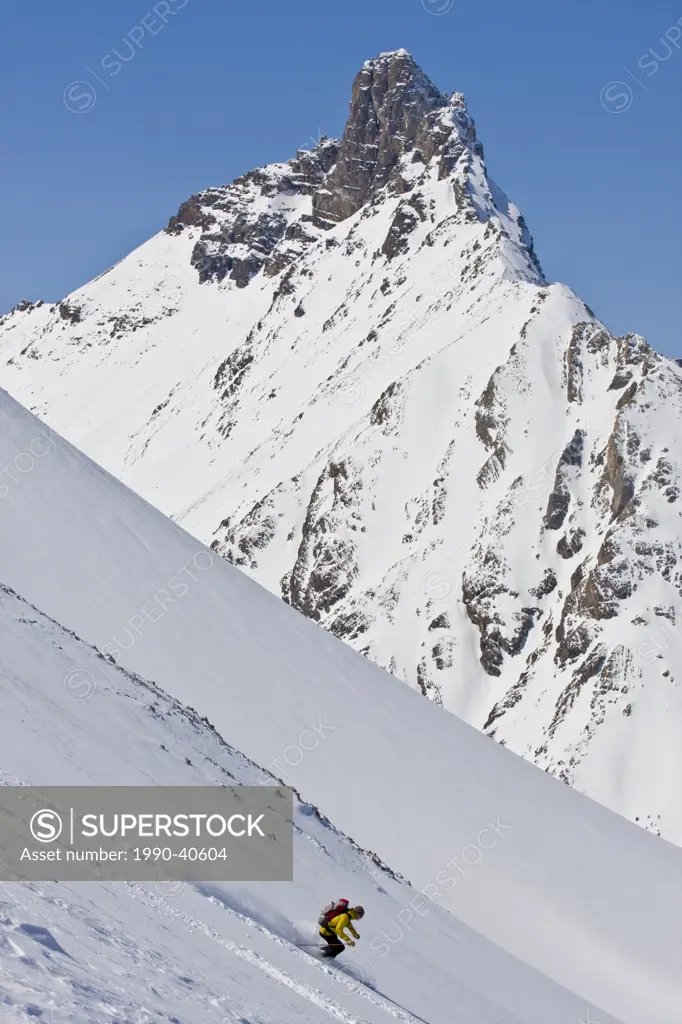 Man backcountry skiing, Parker Ridge, Banff National Park, Alberta, Canada