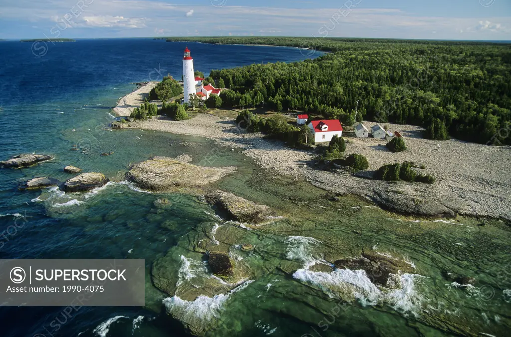 Aerial of cove island lighthouse on Bruce Peninsula, ontario, Canada