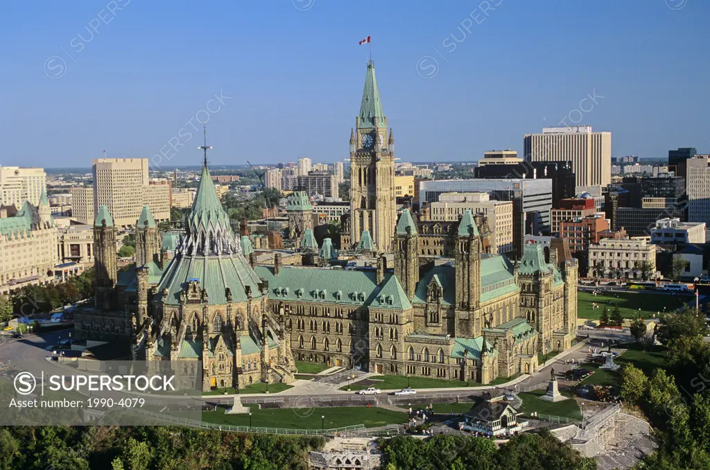 Aerial of parliament hill, Hull, Ottawa, Ontario, Canada