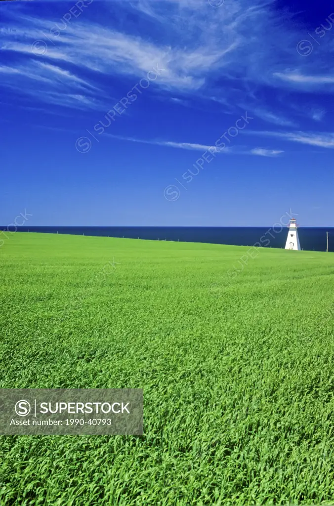 Farmland and Cape Tryon Lighthouse, Prince Edward Island, Canada.