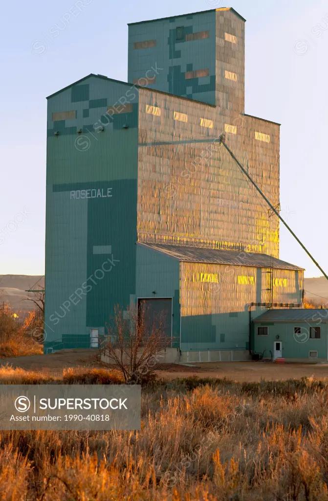 Grain elevator at sunrise in Rosedale, Alberta, Canada.