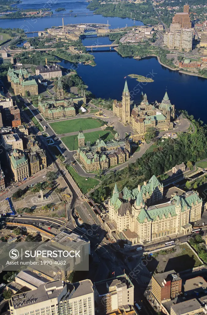 Aerial of parliament hill, Hull, Ottawa, Ontario, Canada