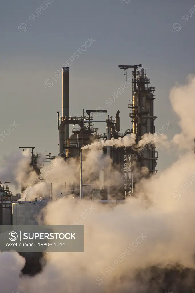 Oil refinery at sunrise, Edmonton, Alberta, Canada.