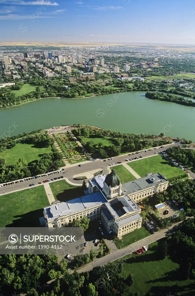 Aerial of Saskatchewan legislature building, Regina, Saskatchewan, Canada