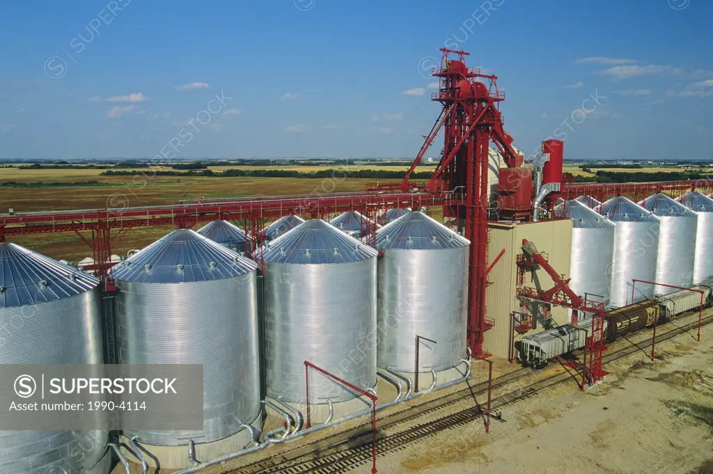 Aerial of silos in Yoricton Saskatchewan, Canada