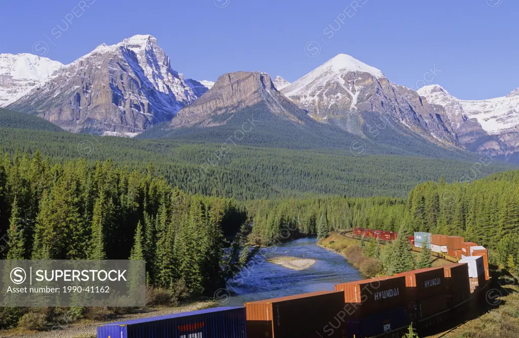 Canadian Pacific Railway train at Morant´s Curve near Lake Louise in Banff National Park in the Canadian Rocky Mountains.