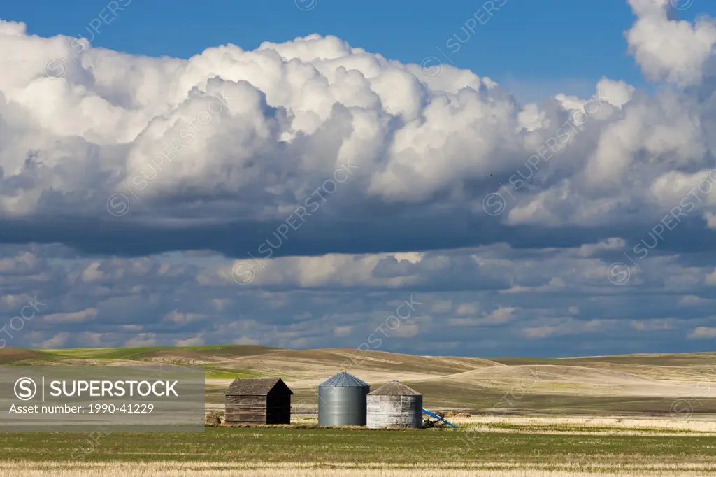 Grain silos on farmland in Billimun, Saskatchewan, Canada.