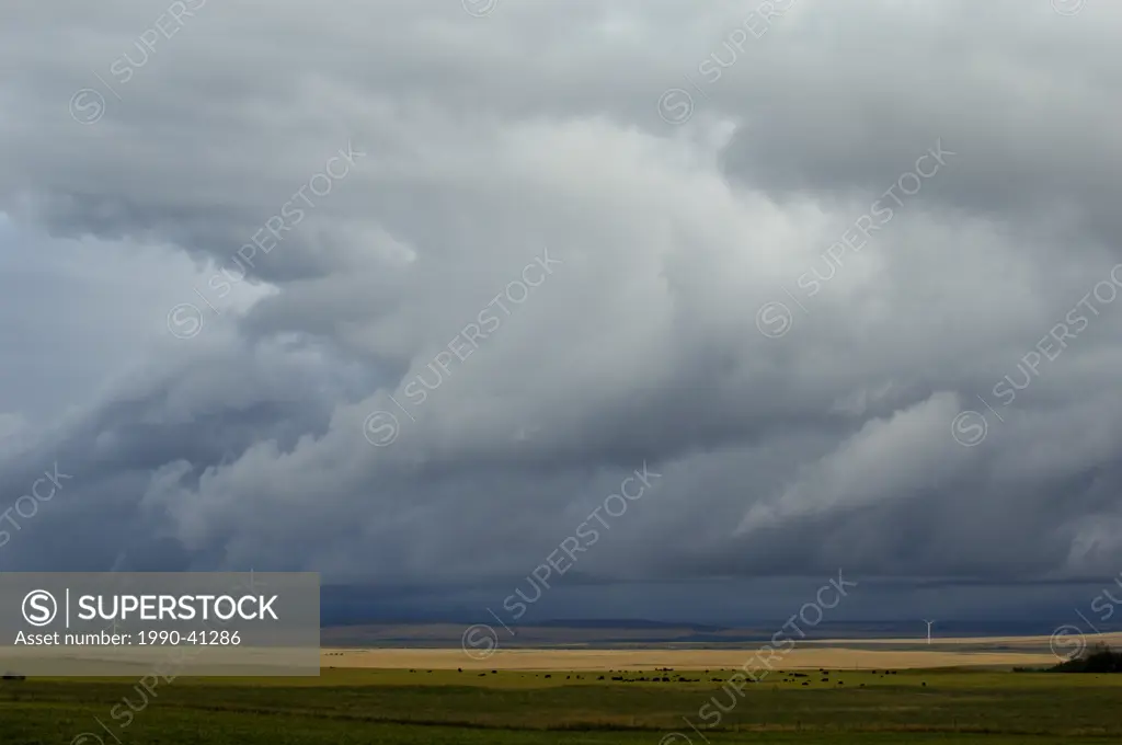 Clouds and wind turbines on prairie, Southwest Alberta, Canada.