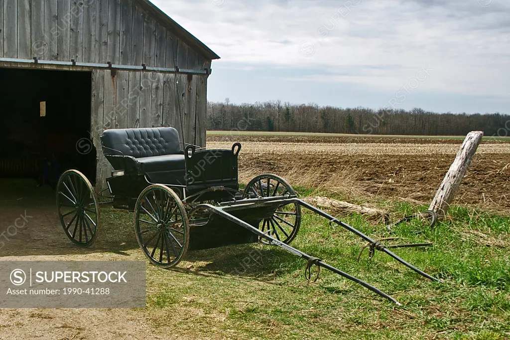 Parked buggy by farm house, Elmira, Ontario, Canada