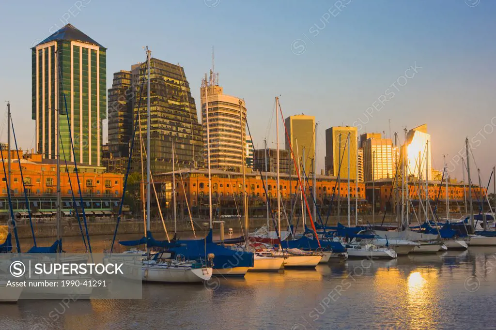 Office Towers and Historic Harbour at Sunrise, Puerto Madero district, Buenos Aires, Argentina.