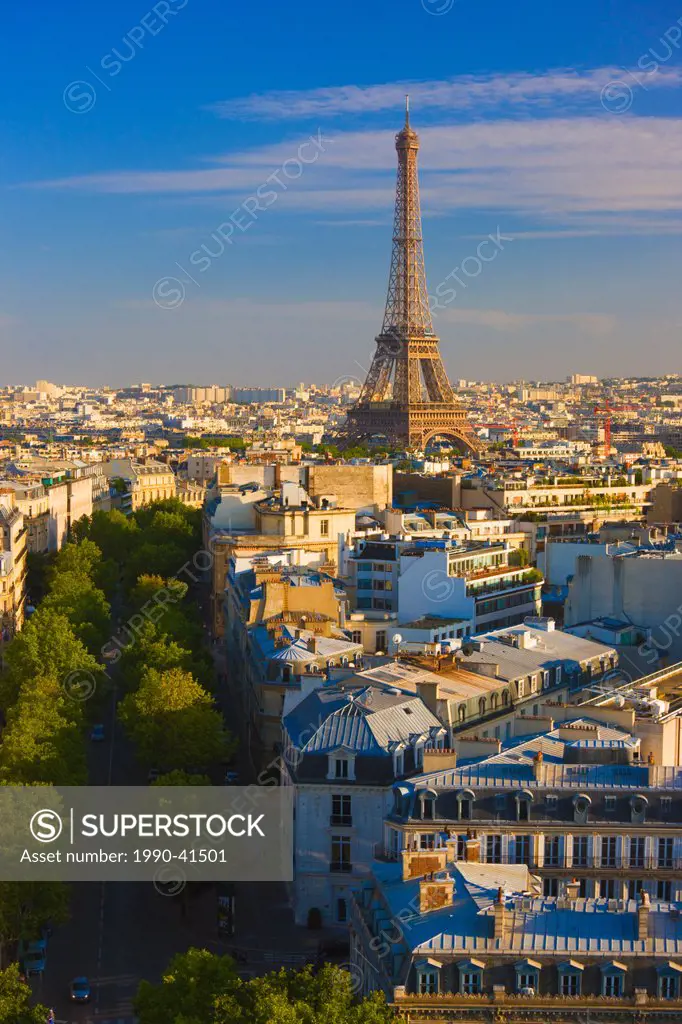 Elevated view of the Eiffel Tower and the cityscape of Paris, France.