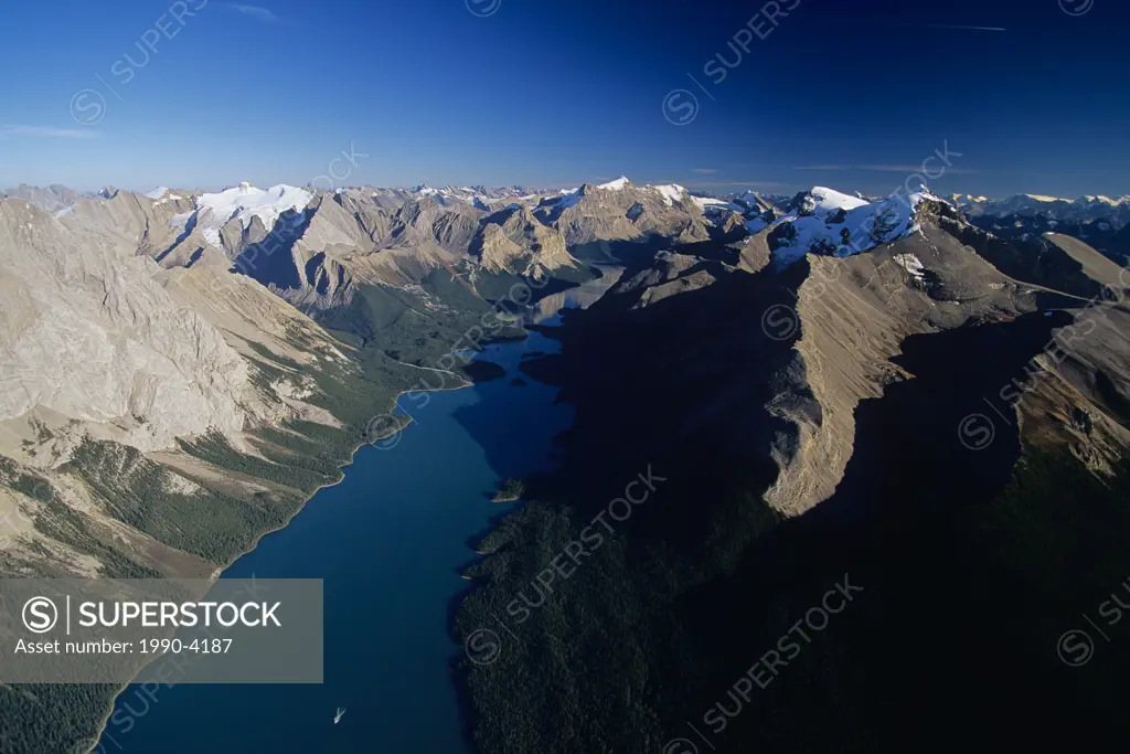 aerial of Maligne lake, jasper national park, Alberta, Canada