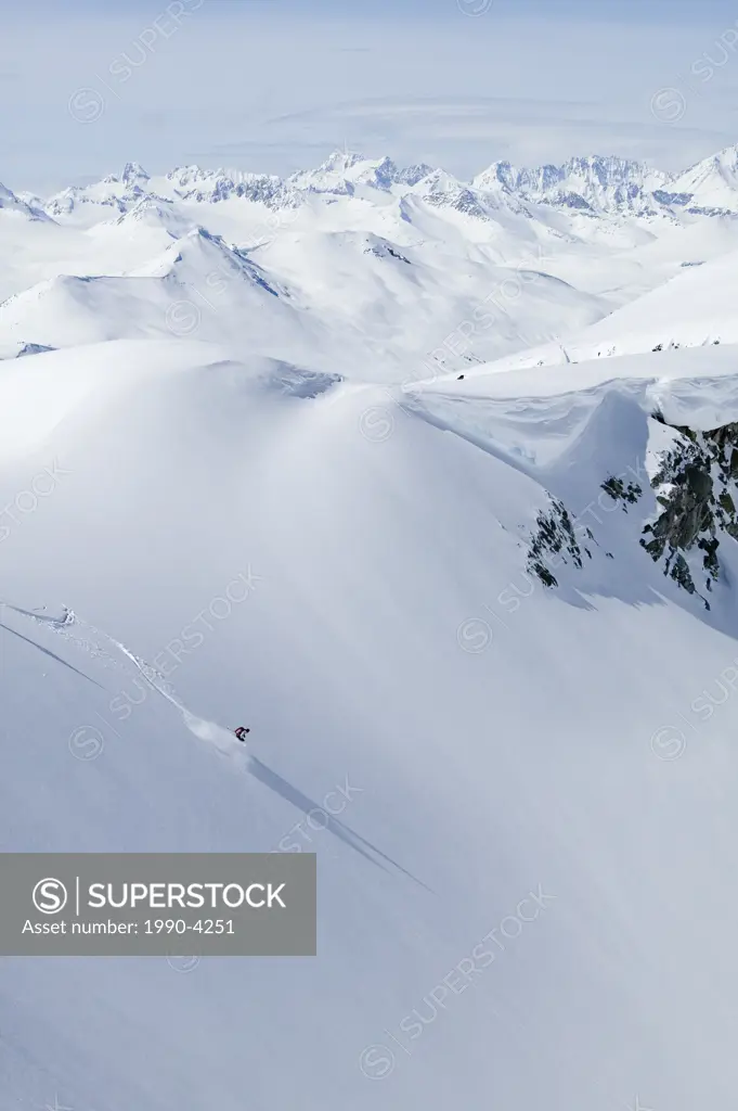 skier in fresh powder in Whistlers backcountry, British Columbia, Canada