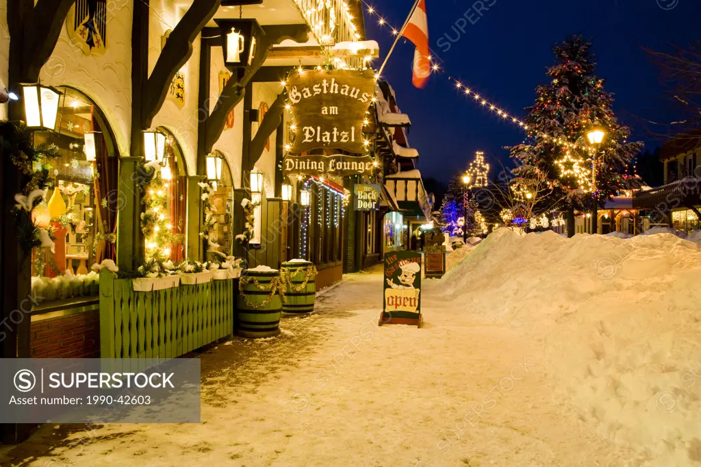 The Platz at night in winter, Kimberley, British Columbia, Canada.