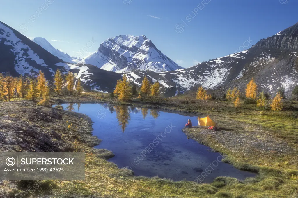 Lone female camper beside alpine pond, Smuts Pass, Kananaskis Country, Rocky Mountains, Alberta, Canada.