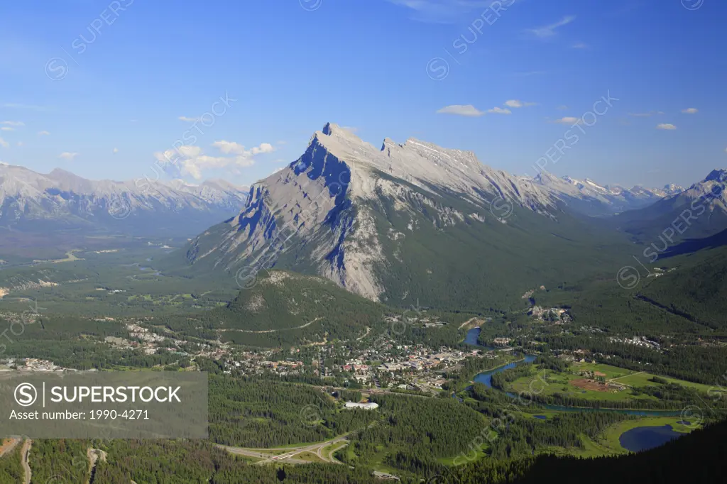 An aerial view of Mount Rundle, the Town of Banff and the Bow River Valley from high atop Mount Norquay, Banff National Park, Alberta, Canada
