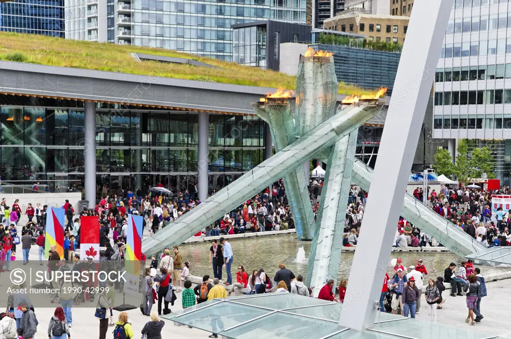Olympic Flame re_lit on Canada Day at Jack Poole Plaza, Vancouver Convention Centre, Vancouver, British Columbia, Canada