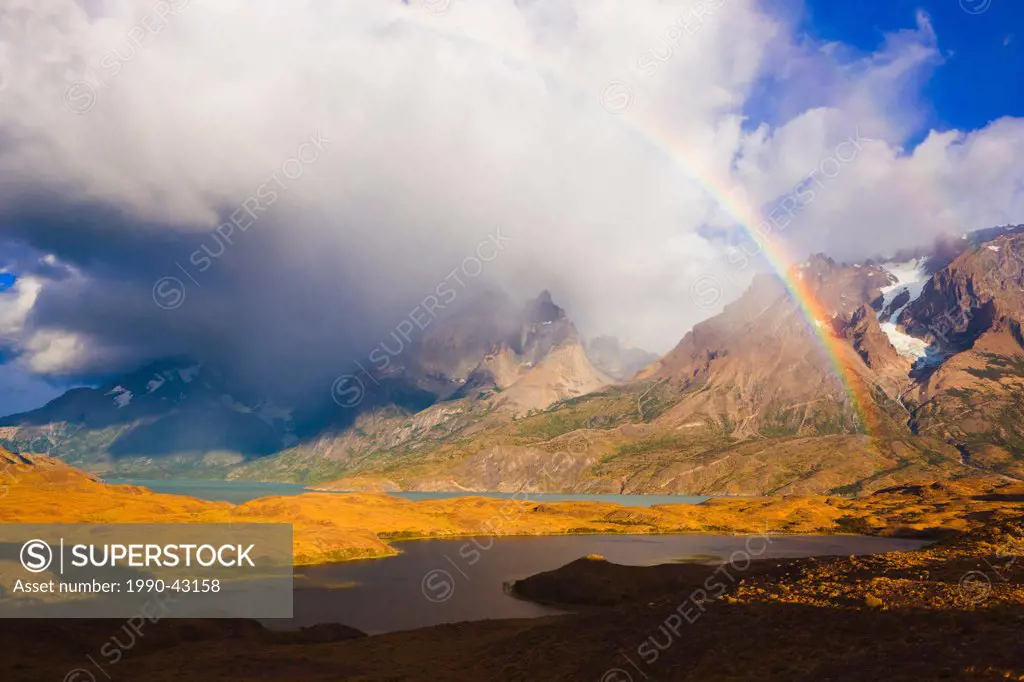 Rainbow and Cuernos del Paine at Sunrise, Torres del Paine National Park, Patagonia, Chile