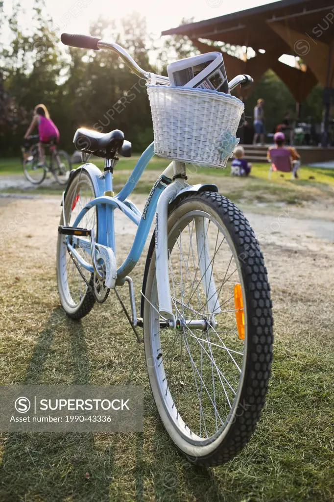 Cruiser bicycle with basket parked on kickstand. Victoria Beach, Manitoba, Canada.