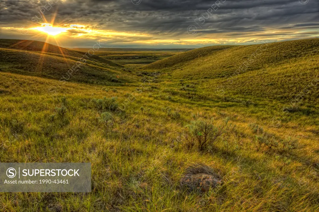 The hills and coulees of Grasslands National Park at sunset, Saskatchewan, Canada.