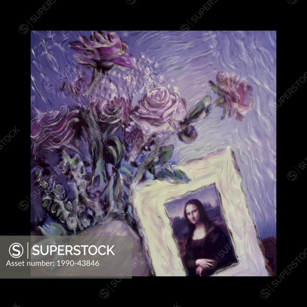 Artsy Mona Lisa in picture frame with vase of pink roses.