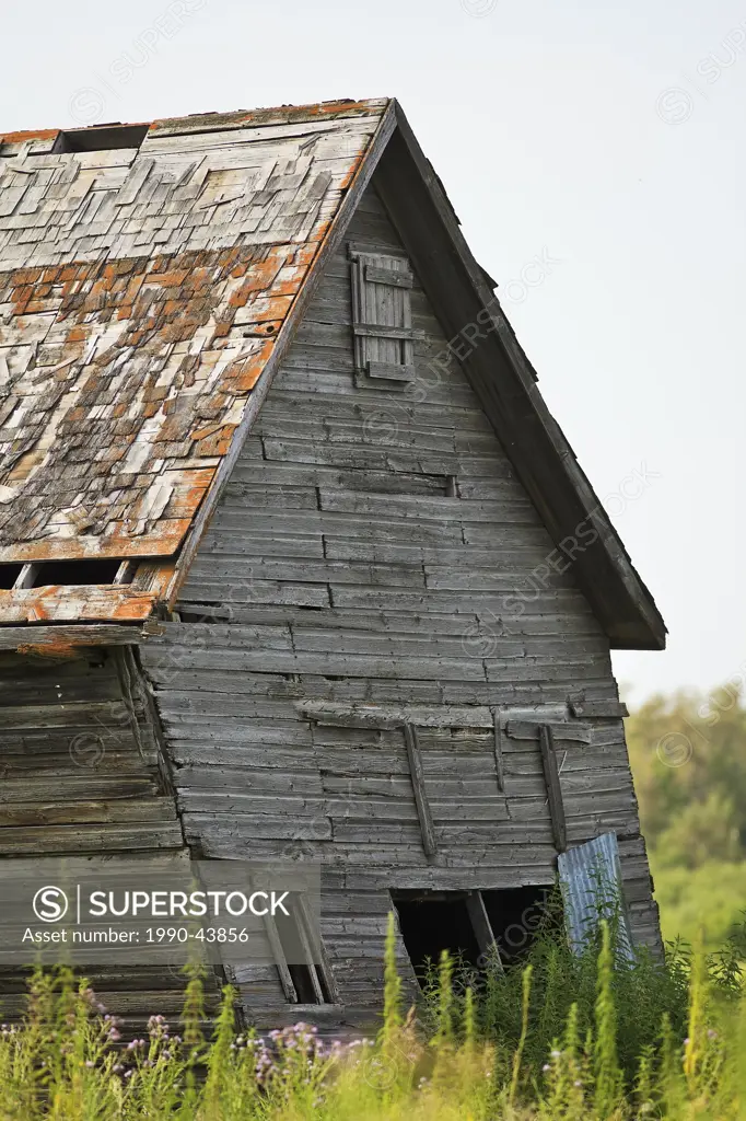 Old abandoned barn on the Canadian Prairie. Pembina Valley, Manitoba, Canada.