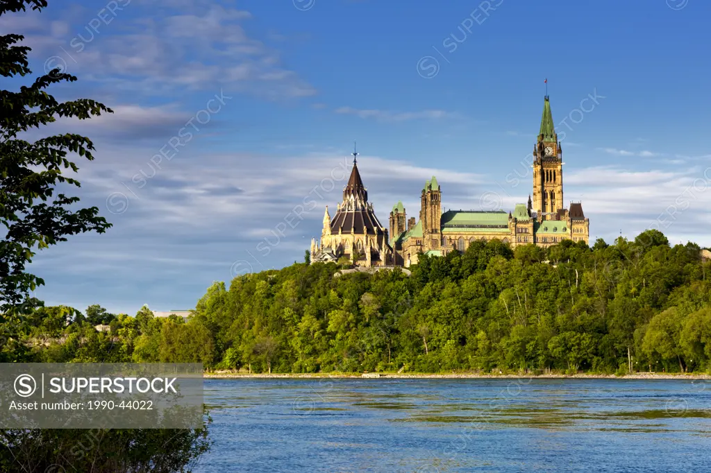 View towards Parliament Hill from Victoria Island, Ottawa River, Ottawa, Ontario, Canada