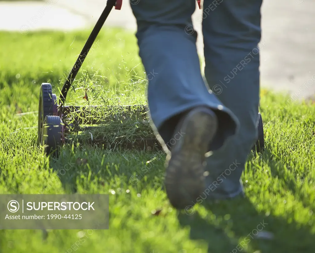 Woman cutting grass with environmentally friendly lawn mower. Winnipeg, Manitoba, Canada.