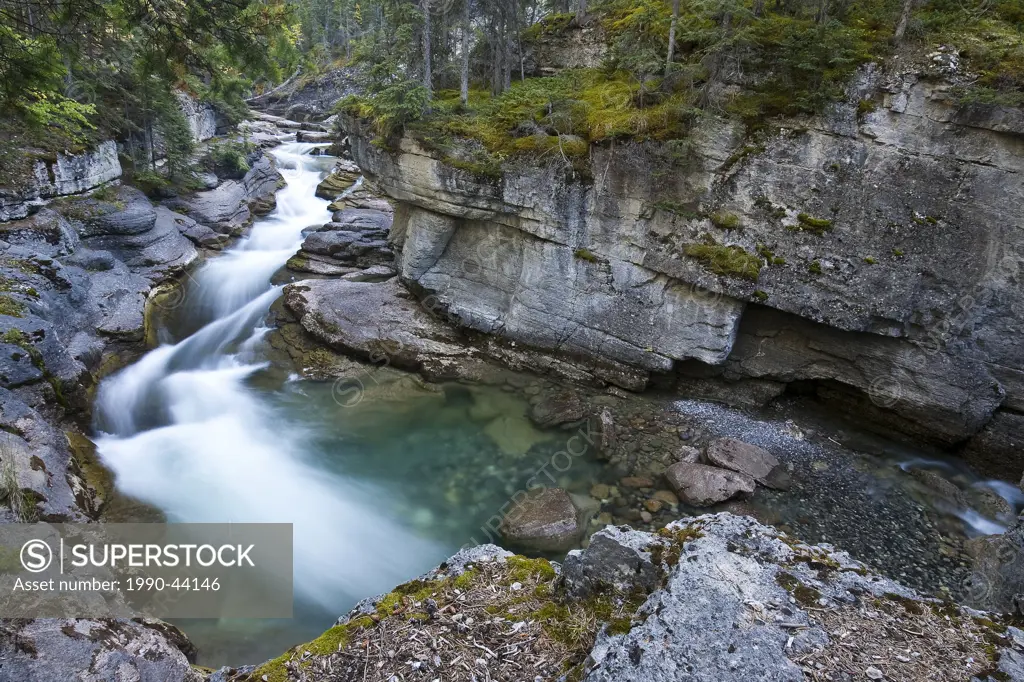 Maligne River meandering over rocks through small gorge, Jasper National Park, Alberta, Canada