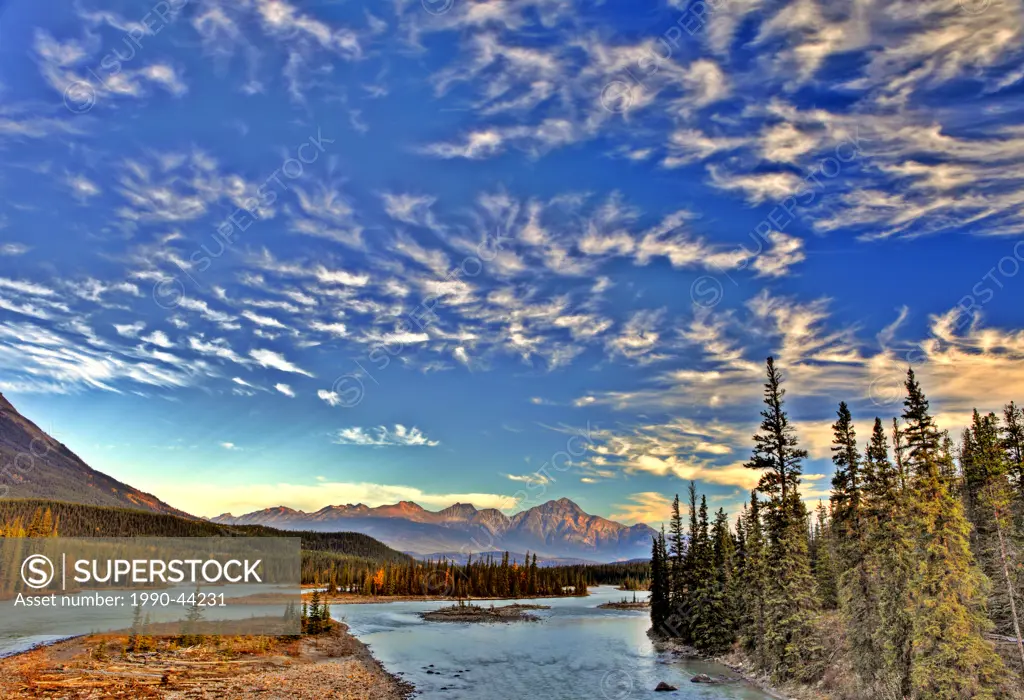 Cirrus Clouds over Athabasca River, Jasper National Park, Alberta, Canada