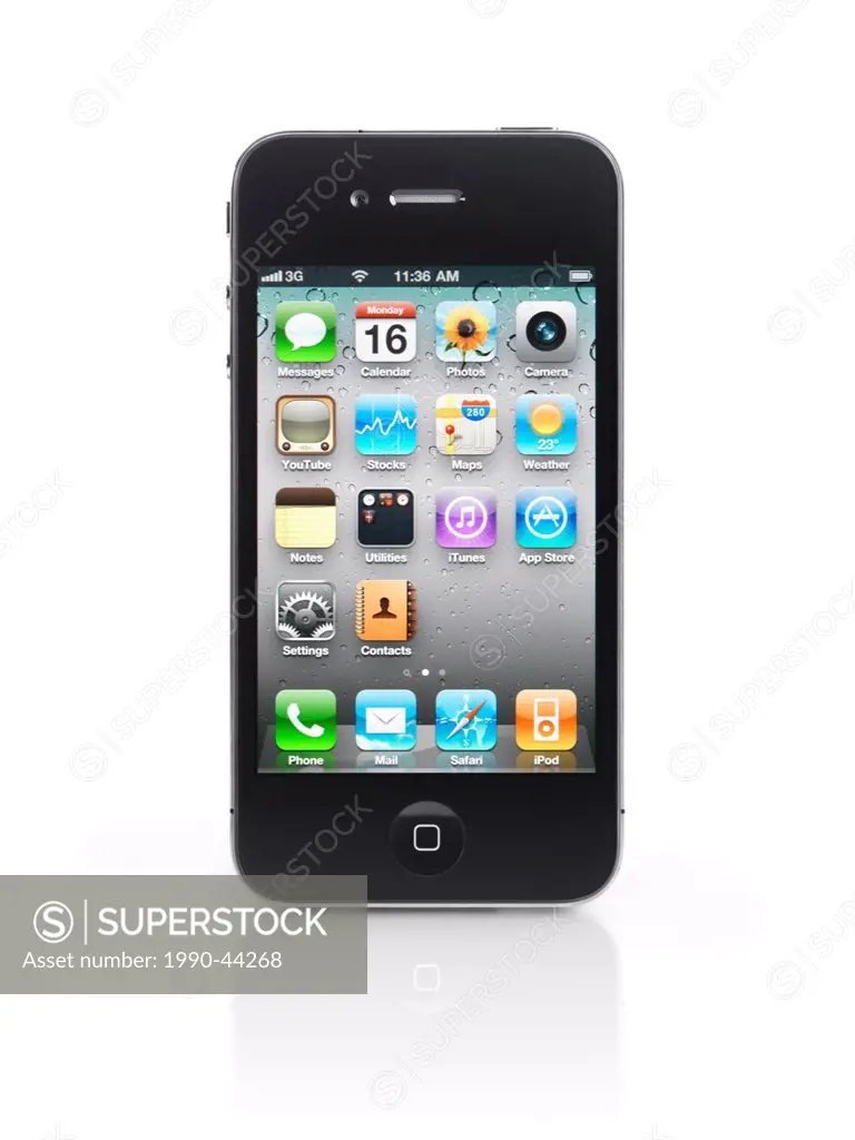 Apple iPhone 4 smartphone with desktop icons on its display isolated with clipping path on white background. High quality photo.