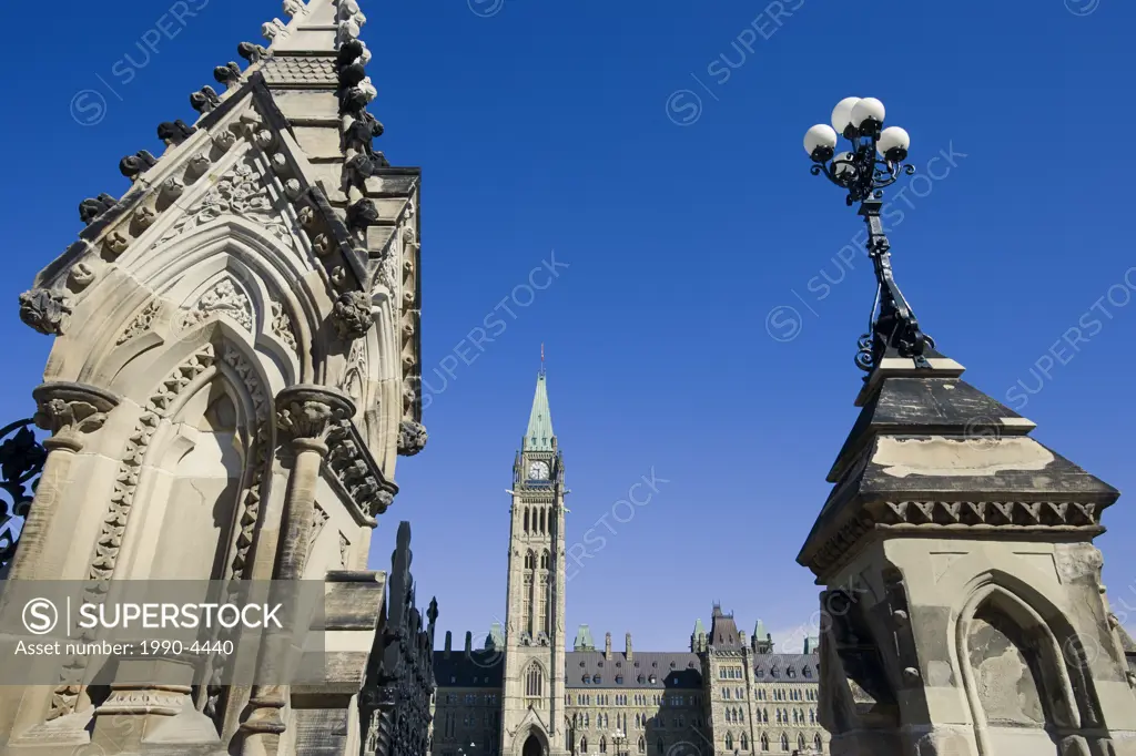 The Peace Tower and the Centre Block of the Parliament Buildings seen from Wellington Street  Parliament Hill, Ottawa, Ontario, Canada