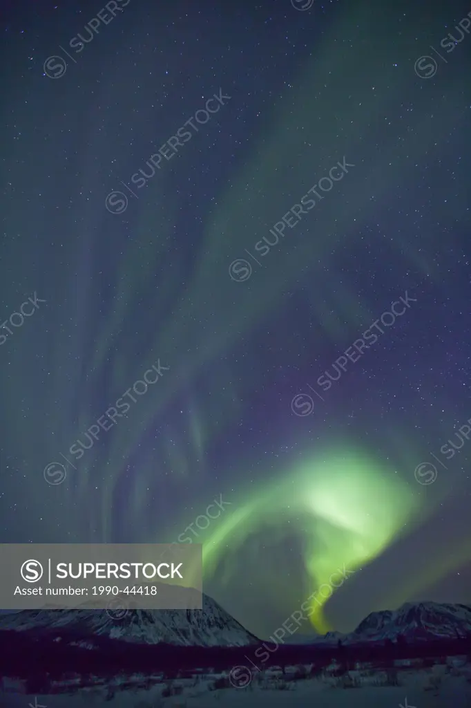 Aurora borealis or northern lights above the mountains outside of Whitehorse, Yukon Territory, Canada.