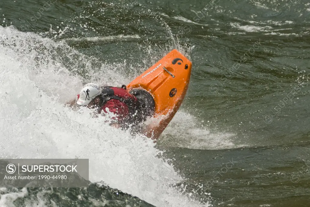 A male kayaker playboating on Pink Mountain wave on the Clearwater River, Clearwater, British Columbia, Canada