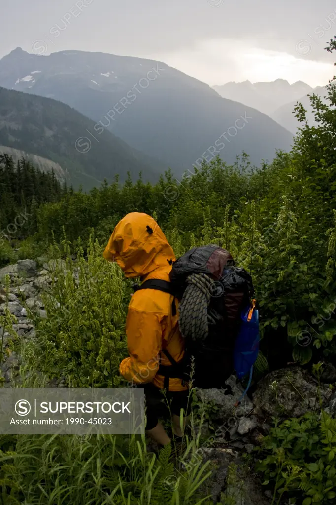 A male moutain climber descending after climbing Mt. Sir Donald, Glacier National Park, British Columbia, Canada
