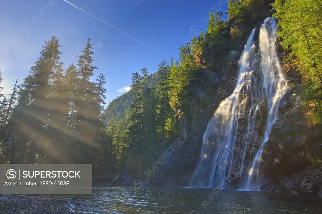 Virgin Falls plunging 53 metres/174 feet in a fan formation down a rock escarpment along the Tofino Creek, a transition area of Clayoquot Sound UNESCO...