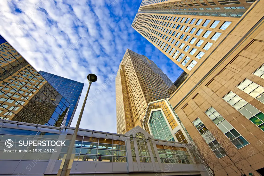 Twin Towers of the Bankers Hall and a bridge which is part of the Plus 15 Walkway system connecting high_rise buildings and shops, Calgary, Alberta, C...