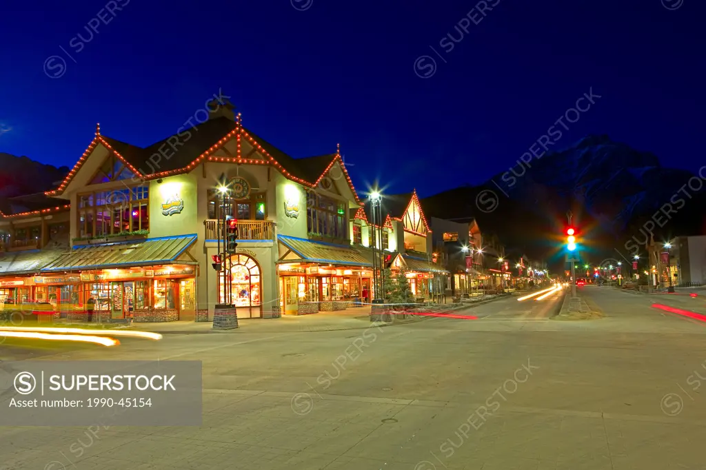 Looking north from the corner of Banff Avenue and Caribou Street towards Cascade Mountain 2998 metres/9836 feet at night, Town of Banff, Alberta, Cana...