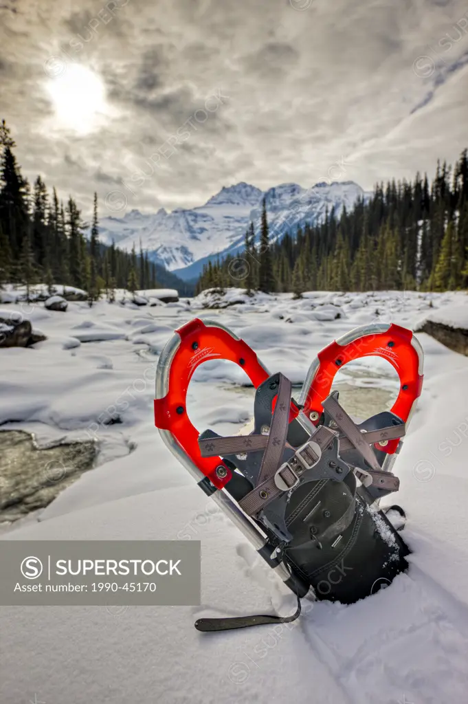 Snowshoes in snow on the banks of the Mistaya River during winter with Mount Sarbach 3155 metres/10351 feet in the background, Canadian Rocky Mountain...