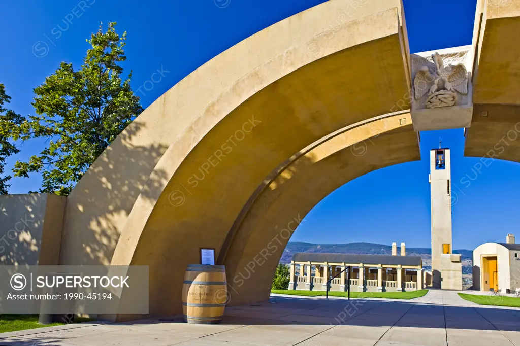 Arches and keystone at the entrance to Mission Hill Family Estate Winery, Westbank, West Kelowna, Kelowna, Okanagan, British Columbia, Canada.