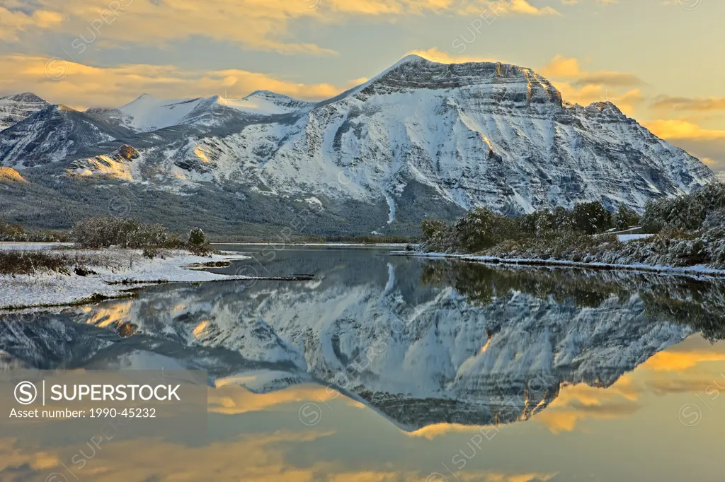 Reflections of Mt Vimy on Lower Waterton Lake Knight´s Lake at sunset in Waterton Lakes National Park, Alberta, Canada.
