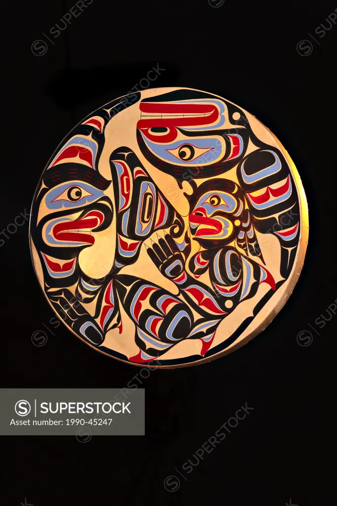 Native Art Drum by Trevor Hunt featuring Wildman Pugwis and the Killer Whale. Just Art Gallery, Port McNeill, Northern Vancouver Island, British Colum...