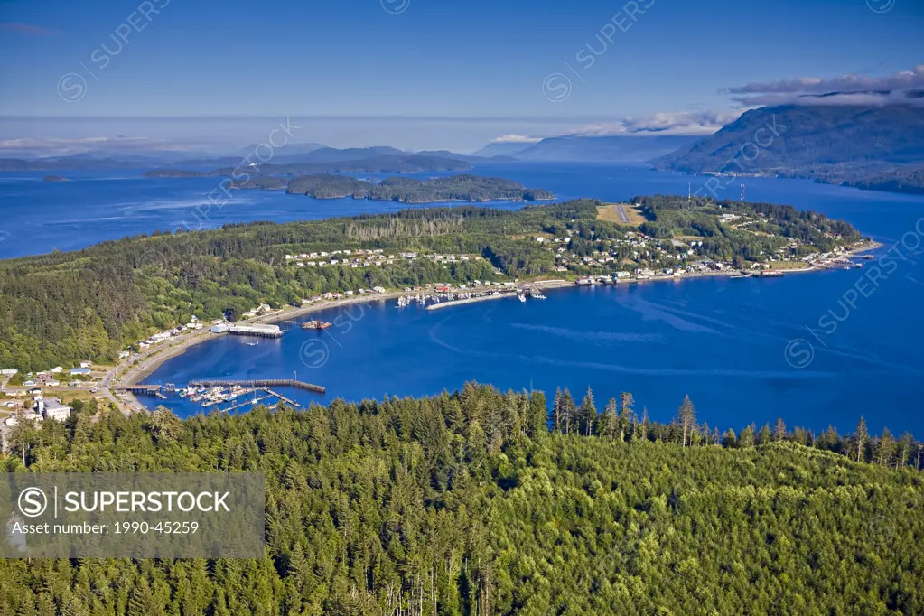 Aerial view of Alert Bay, Cormorant Island, Broughton Strait, Cormorant Channel and Vancouver Island in the background, british Columbia, Canada.