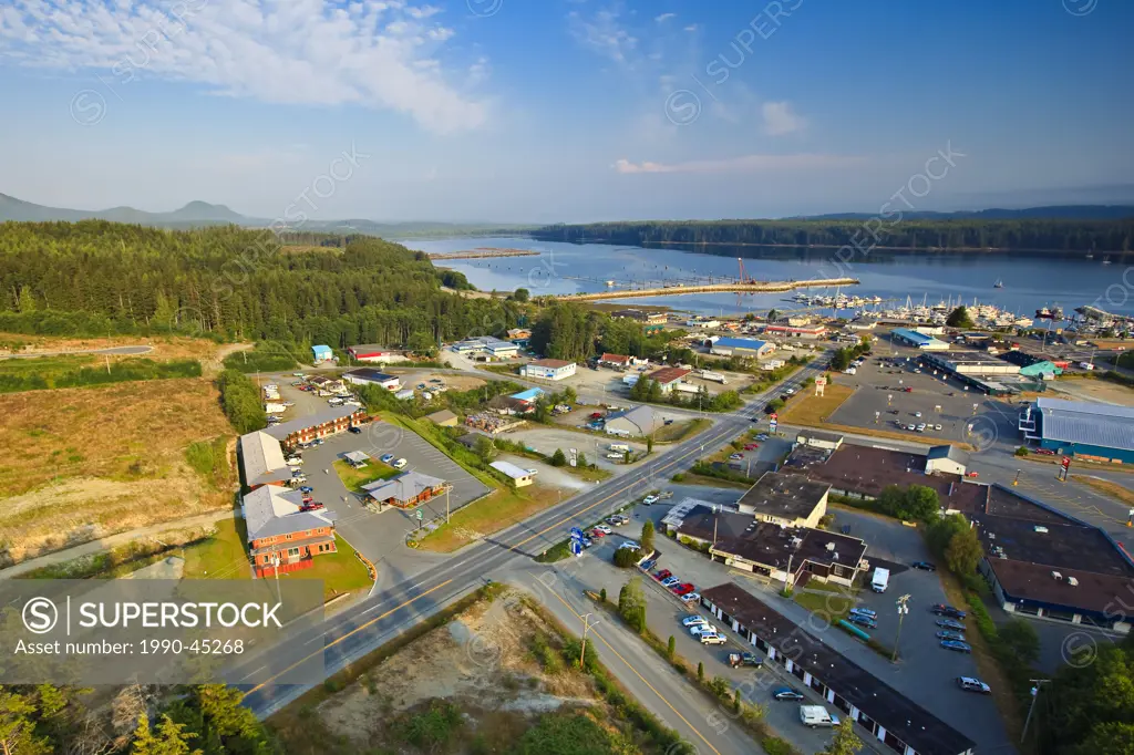 Aerial of the town of Port McNeill with the Black Bear Resort in the foreground and the harbor in the background.