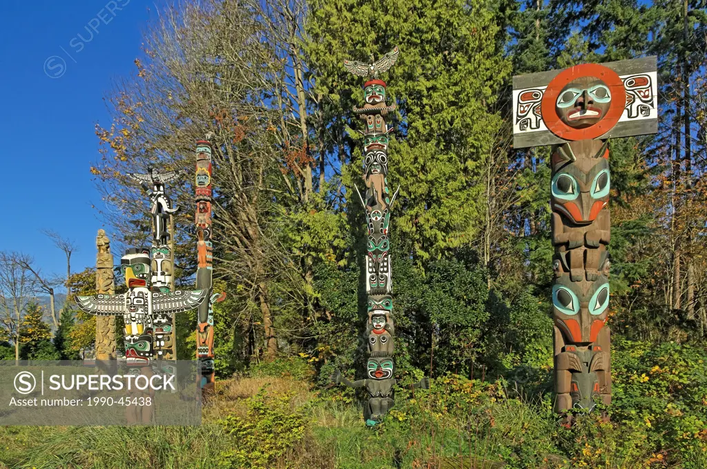 First Nations totem pole collection at Brockton Point, Stanley Park, Vancouver, British Columbia Canada