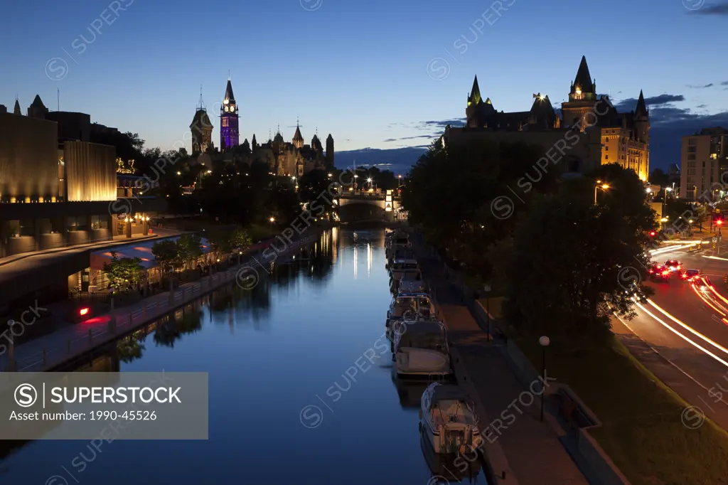 Rideau Canal, National Arts Center left, Parliament Buildings centre, Fairmont Chteau Laurier Hotel right, Ottawa, Ontario, Canada