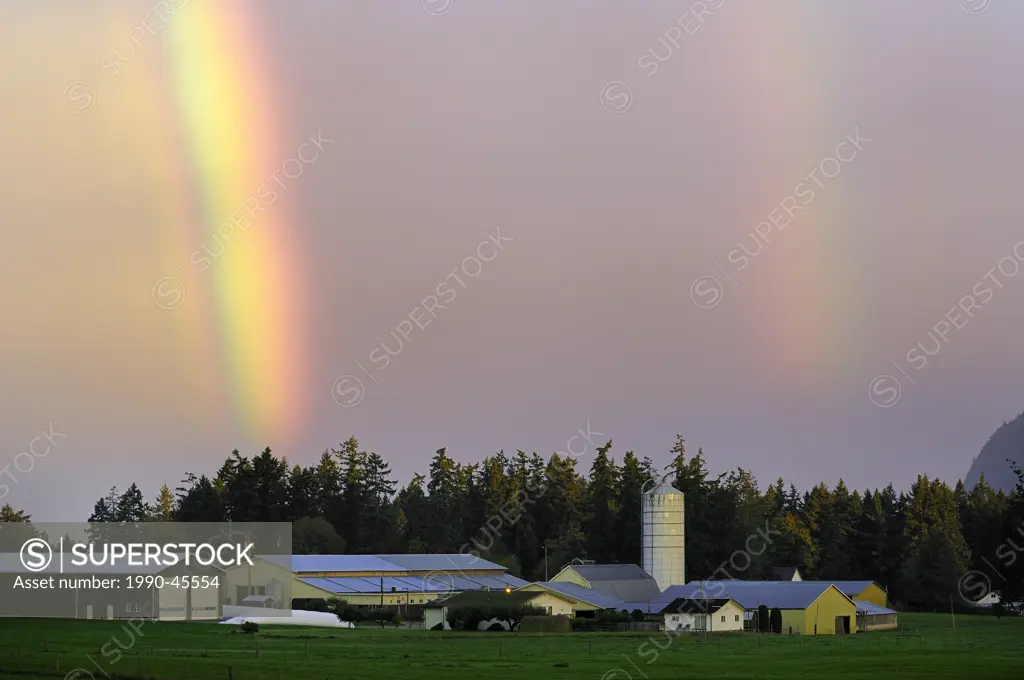 A double rainbow over a farm in Cowichan Bay, British Columbia, Canada.
