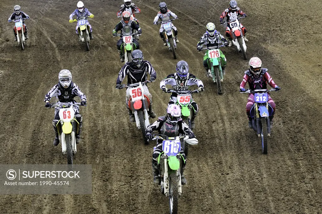 The start of a motocross race at the Wastelands track in Nanaimo, British Columbia, Canada.